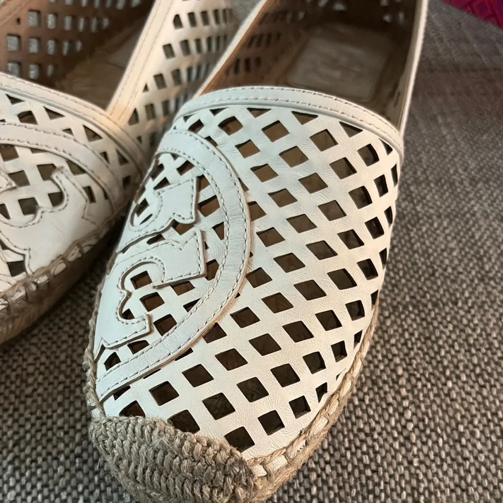 Tory Burch White Cutout Leather Espadrilles with Natural Jute Trim